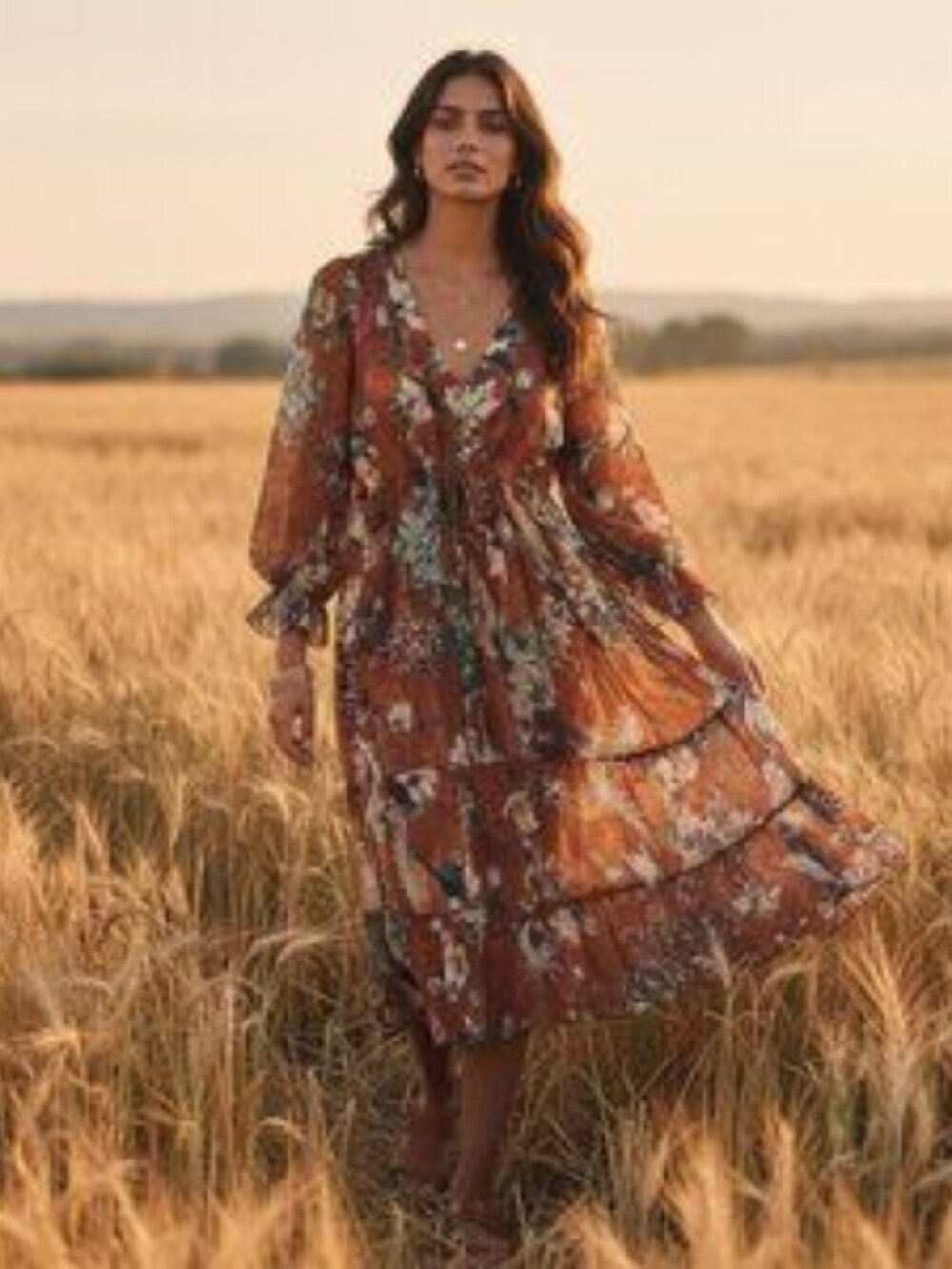 HEMANT & NANDITA @ Anthropologie Zeri Peasant Copper Floral Print Dress ** SZ 10 - Picture 1 of 11